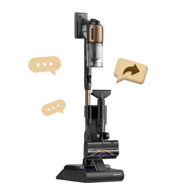 Aspirateur balai Dreame   Z30 Pro Aqua-A sur sa base avec invitation à participer au concours pour gagner jusqu'à 300 € de réduction